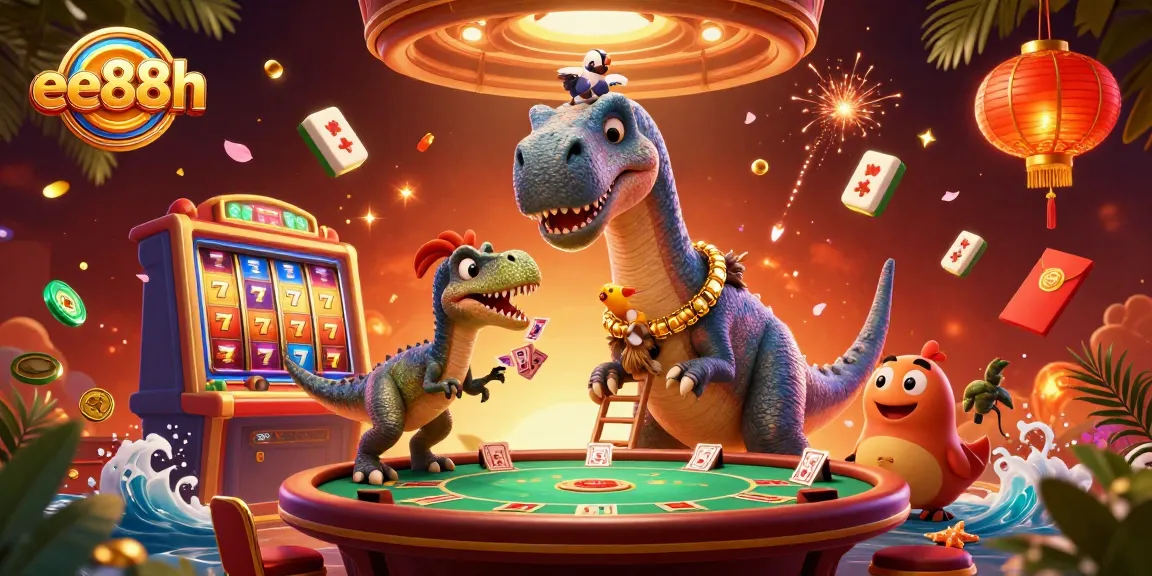 Experience the thrill of ee88h in a vibrant casino scene featuring a brontosaurus and clever raptor dealing cards.