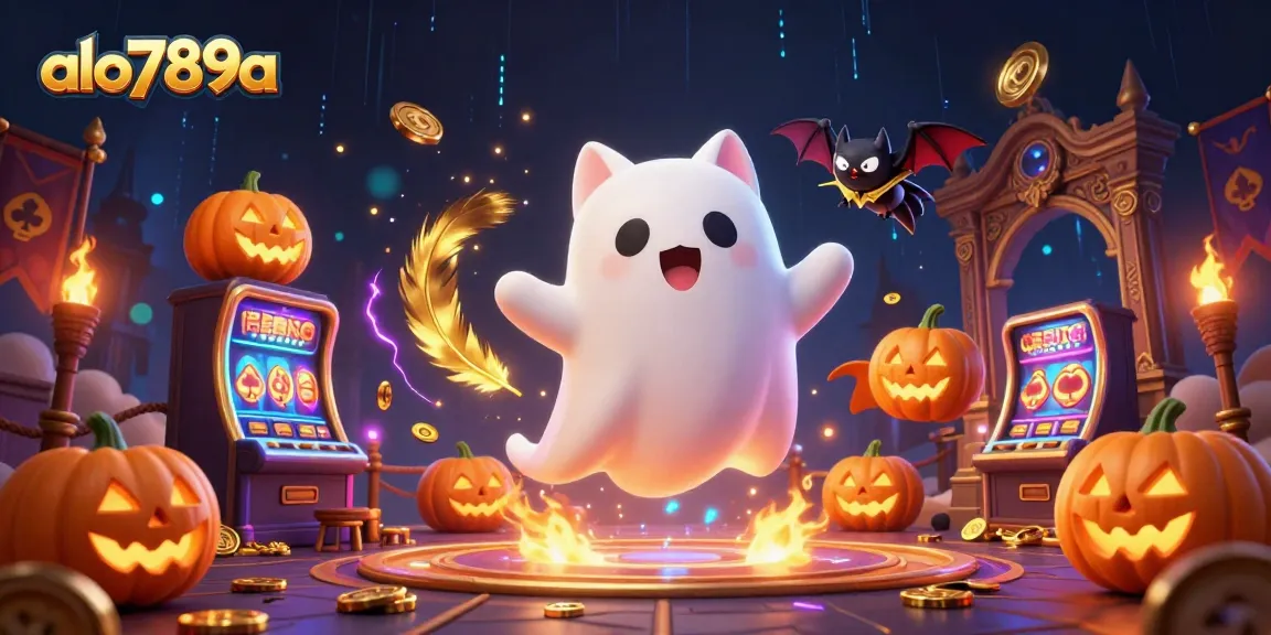 Alo789a features a ghost cat and vampire bat in a dynamic haunted casino scene, enhancing the gaming experience.