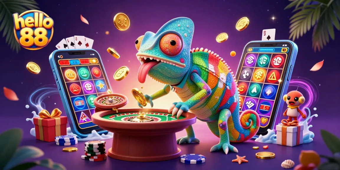 Engage with hello 88's vibrant chameleon casino scene featuring gold coins and dynamic gaming elements.