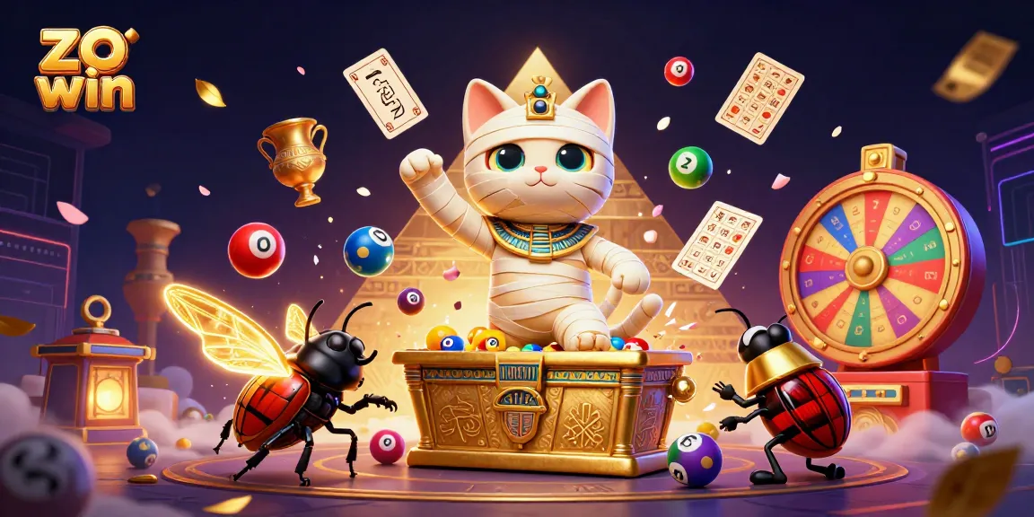 Join the excitement at zo win as a cartoon mummy cat bursts from a golden sarcophagus amid vibrant casino elements.