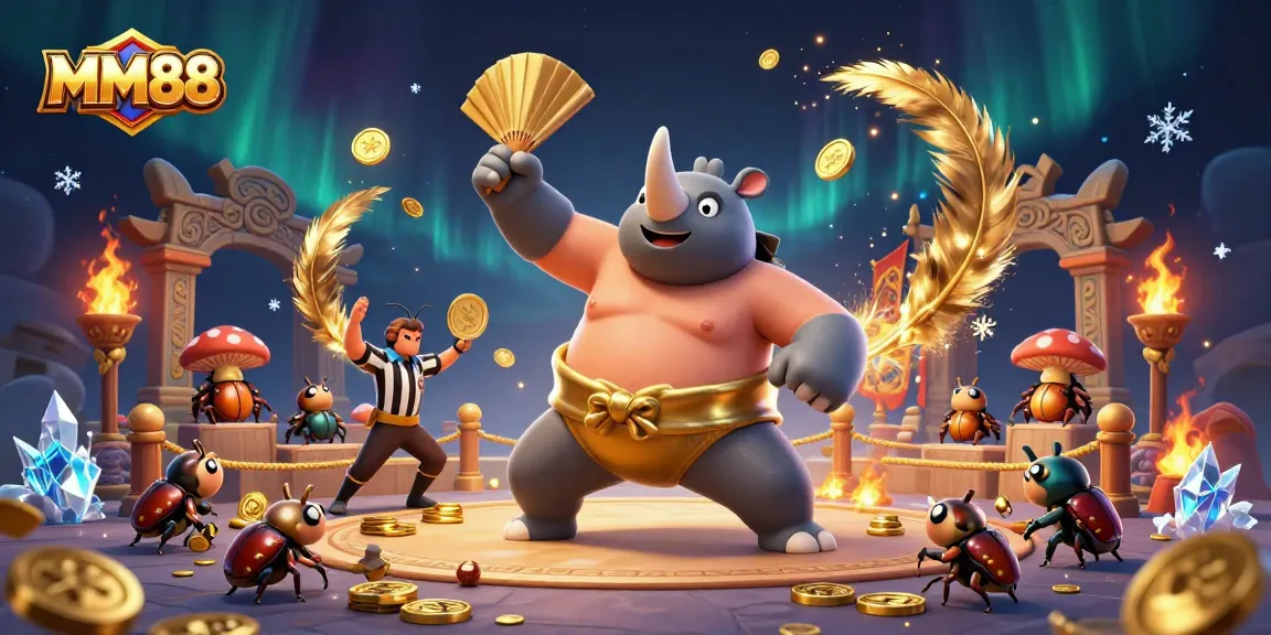 MM88's vibrant online casino scene showcases a sumo beetle champion amidst dynamic game elements.