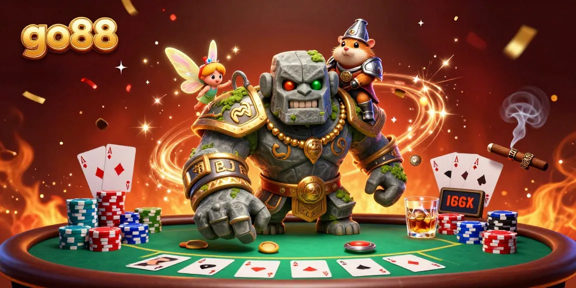 Experience thrilling moments with go88 as a stone golem guardian and fairy cast magic amidst vibrant casino symbols.
