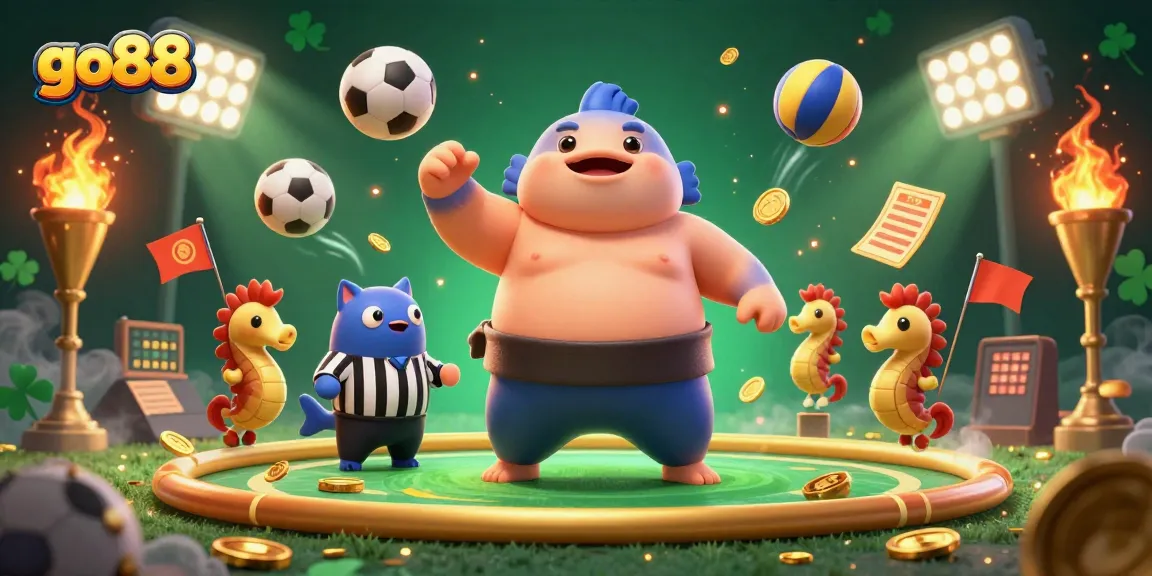Experience thrilling gameplay at go88 with a fun 3D illustration featuring a giant fugu sumo wrestling in an exciting casino atmosphere.