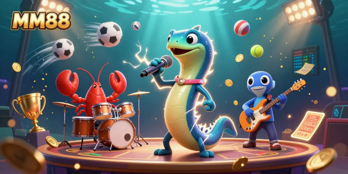 Experience the excitement of MM88 with energetic characters and casino elements in a vibrant underwater scene.