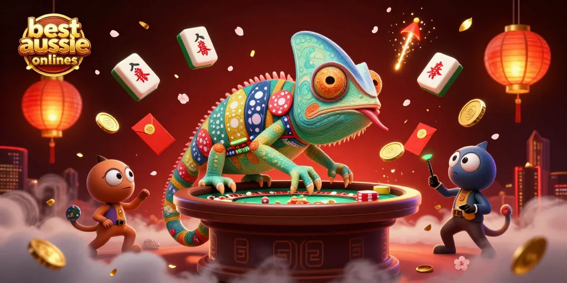 Watch the lively chameleon casino owner amidst golden coins at the best aussie online casinos!